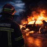 Brannmann i fullt utstyr ser mot en brennende bil på kveldstid