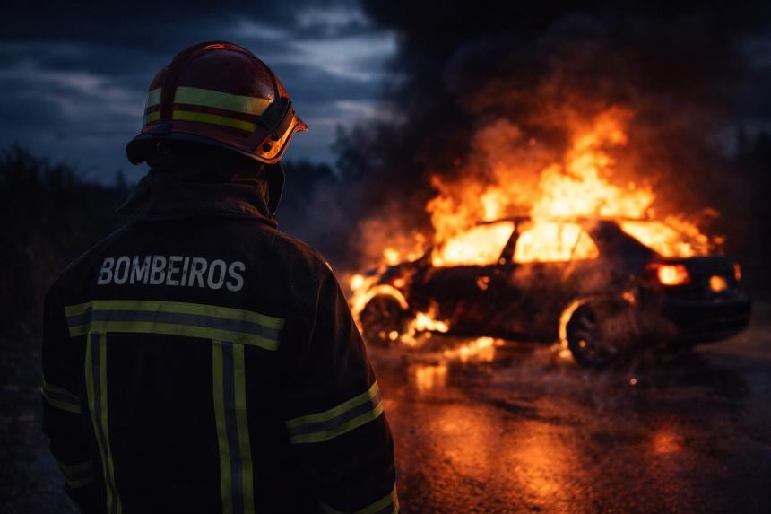 Brannmann i fullt utstyr ser mot en brennende bil på kveldstid